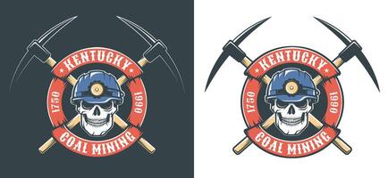 Miner skull in hardhat and crossed picks - retro mining logo vector