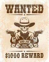 Wanted poster with skull cowboy with guns vector