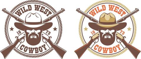 Wild west retro logo - cowboy in hat with crossed guns winchesters vector