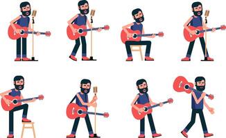 Singer guitarist sings in various poses vector