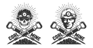 Mine logo with a miner head and jackhammers vector