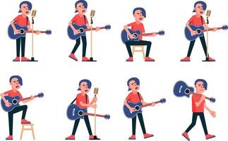 cantante con acústico guitarra en varios poses vector