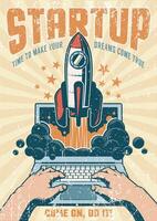 Vintage startup poster with rocket taking off from an open laptop vector