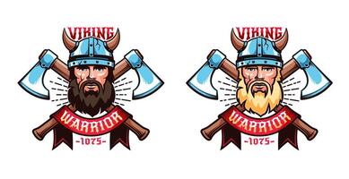 vikingo emblemas mascotas cara un barbado normando guerrero en un con cuernos casco y cruzado batalla hachas ilustración. vector