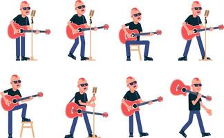 cantante guitarrista con acústico guitarra en varios poses vector