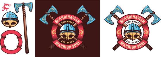 escandinavo vikingo guerrero logo con casco y cruzado de doble filo hachas y circular cinta. ilustración. vector