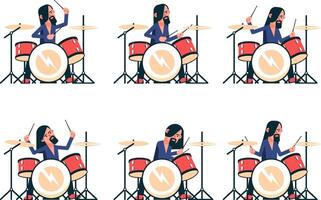 Rock band drummer playing drum set vector