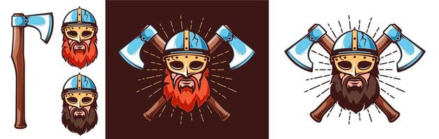 Nordic warrior logo - bearded Viking in helmet with mask and crossed battle axes. illustration. vector