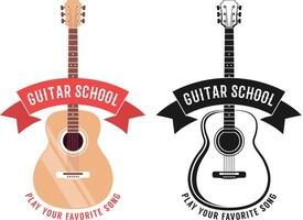 Acoustic guitar school logo with ribbon vector