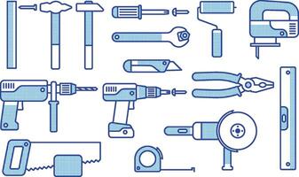 Hand-held working tools - set of icons. Colorful and monochrome silhouettes. illustration. vector