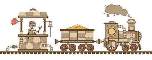 Steampunk retro train with a gold wagon, station and robot. illustration. vector
