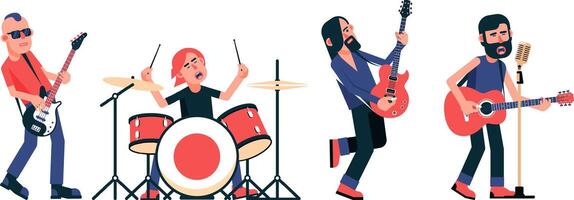 Rock band musicians with instruments in different poses vector
