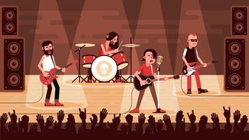 Rock band performs on stage in front of a crowd waving their hands vector