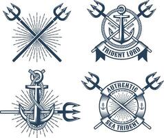 Vintage hipster navy tattoo logos with tridents ribbons and anchors vector