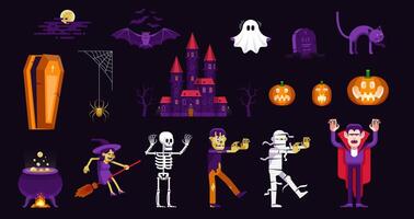 Halloween characters and icons set in cartoon style vector