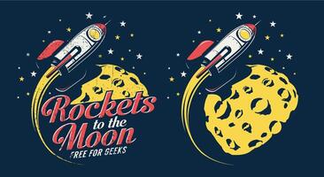 espacio cohete volador alrededor el planeta con cráteres - retro emblema póster vector