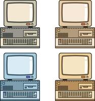 Retro vintage computer with monitor, drive and keyboard. illustration. vector