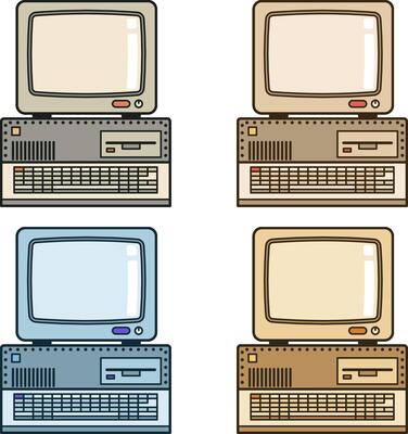 Retro vintage computer with monitor, drive and keyboard. illustration.