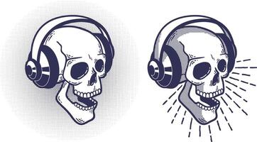 Skull in headphones. Retro stamp style. vector