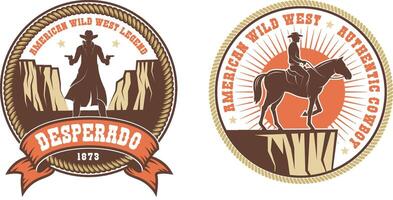 occidental americano logo con vaquero bandido y caballo jinete vector