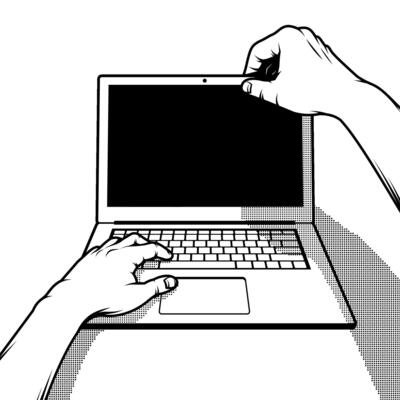 Male hands open laptop