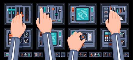 Spaceship control panel with hands of pilots vector