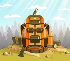 Camp backpack standing on the grass against forest vector