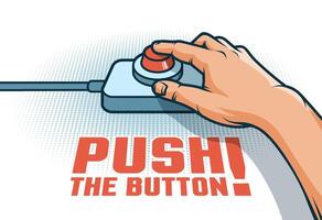Hand push the red button with finger vector