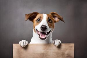 studio shot of a cute dog on an isolated background holding a blank sheet photo