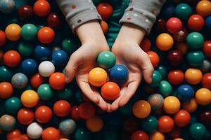 Children holding plastic colorful balls on playground. photo