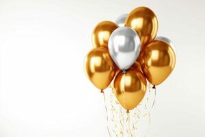 Some gold balloons and one silver, isolate on a white background with place for text. Template for holidays. photo