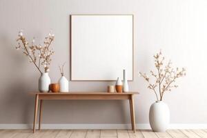 Mock up frame in home interior with table furniture, Scandi-boho style. photo