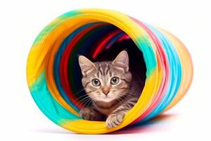 Playing cat in colorful tunnel or tube. Isolated on white background. photo