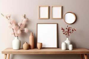 Mock up frame in home interior with table furniture, Scandi-boho style. photo