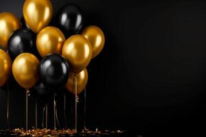 celebraciones antecedentes con negro y dorado globos modelo para bandera, saludo tarjeta o ventas. foto