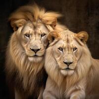 Majestic African lion couple loving pride of the jungle - Mighty wild animal of Africa in nature. photo
