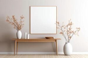 Mock up frame in home interior with table furniture, Scandi-boho style. Generated AI photo