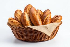 panadería cesta. fresco, dulce un pan en el cesta. foto