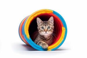 Playing cat in colorful tunnel or tube. Isolated on white background. photo