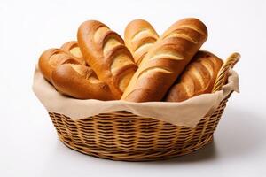 panadería cesta. fresco, dulce un pan en el cesta. foto
