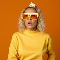 Impressed scared lady dressed yellow on orange background. Open mouth. Yellow sunglasses. photo