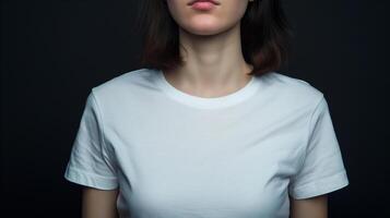 Blank white t-shirt mockup. Caucasian woman with white t-shirt isolated on black background. photo