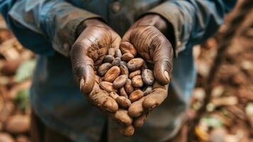 Cocoa beans in the hands of an african farmer in focus. photo
