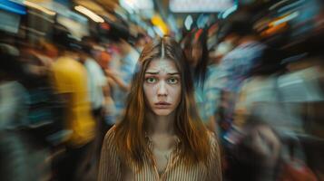 Young caucasian woman with anxiety. Lonely woman in the street photo