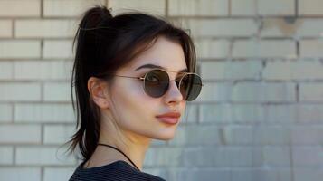 Young caucasian woman side view in front of the brick wall. photo