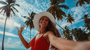 Young tourist woman taking selfie in a tropical island in summer photo