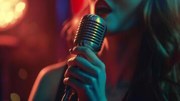 Woman singing into a retro microphone in a club or concert hall. photo