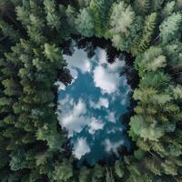 Lake with reflections of the clouds with forest. Carbon neutrality concept photo