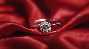 Diamond ring on the red silk background in focus. photo
