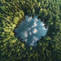 A pine forest with lake aerial photo. Carbon net zero concept photo